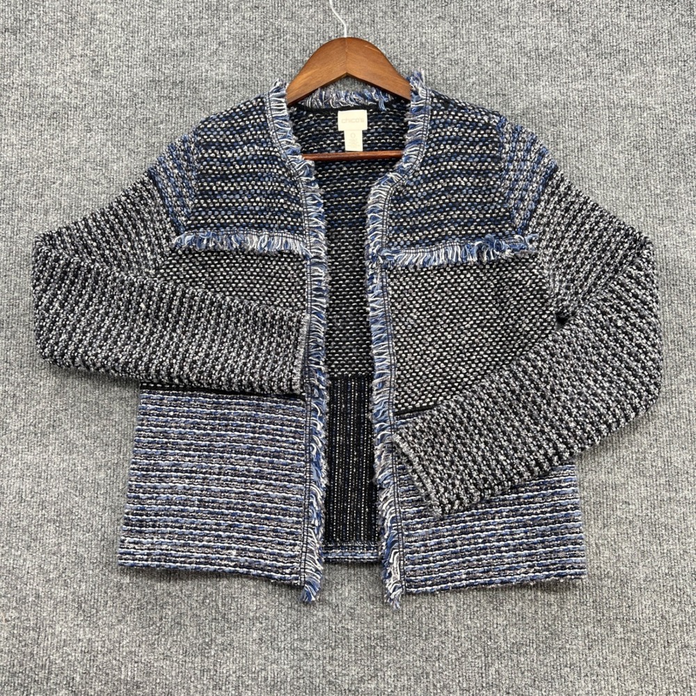 Chico's Open Front Tweed Jacket Womens 0 Blue Fringe Textured Knit Office Preppy